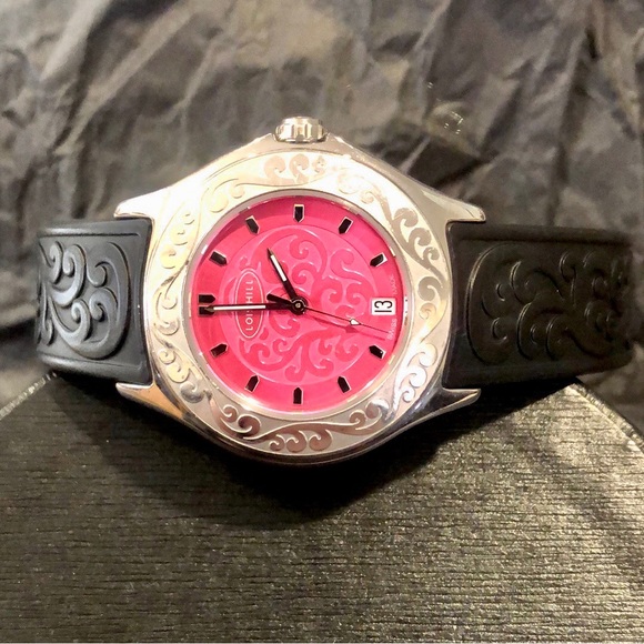 LOIS HILL Round Hot Pink Scroll Face Watch Filigree Rubber Band Sapphire Crystal - Picture 6 of 17